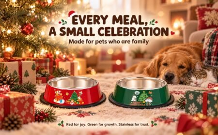Christmas Eco-Friendly Stainless Steel Dog and Cat Bowl Cartoon Printed Anti-Knock Pet Bowl for Outdoor Travel Holiday Gift